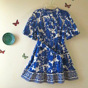 Joie Blue White Floral Puff Sleeves Belted Bohemian Chic Cochette Dress Size 14